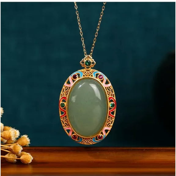 K-KED Green Jade Crystal Pendant Necklace Charm 18K Gold Plated Chain Dainty Gemstone