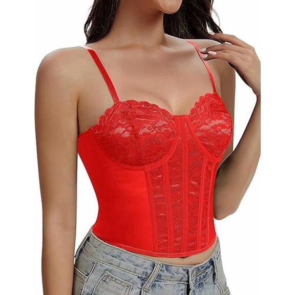 Werena Lace Corset Tops for Women Sexy Going Out Bustier Top Sleeveless Adjustable Straps Crop Tops with Back Hooks