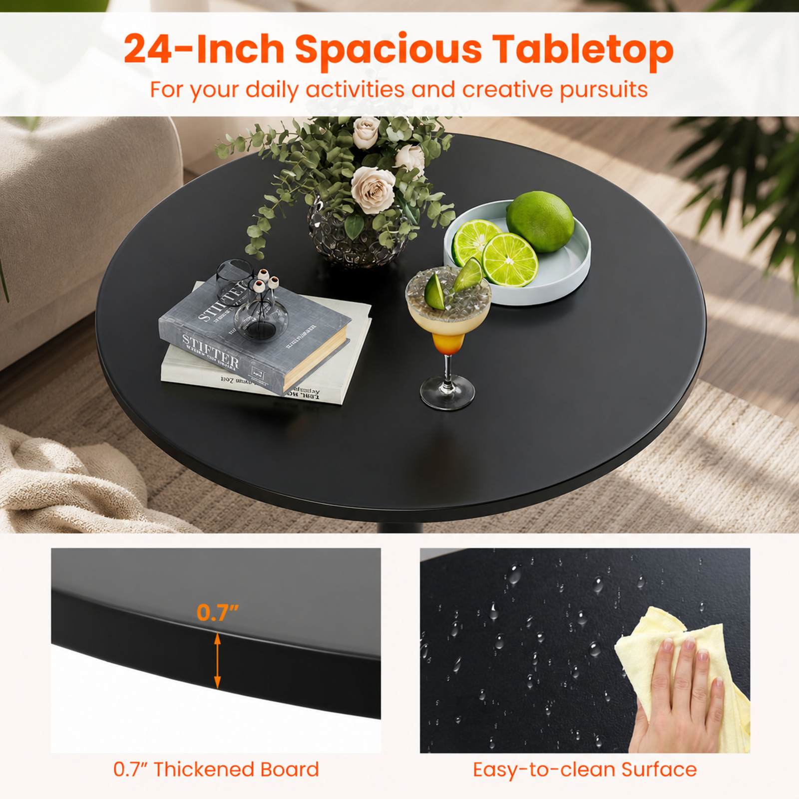 Furnibear 24 Inch Modern Round Cocktail Table with Metal Base and MDF Top-Set of 2 for Living Room Home Office Apartment Sofa Couch Center, Dark Brown