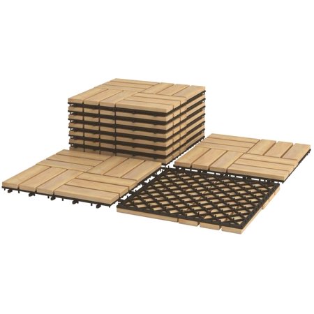 Interlocking Patio Deck Tiles, Acacia Wood Deck Tiles, Tools Free Assembly, Wood Composite Patio Pavers, Pack of 10 Outdoor and Indoor Flooring Tiles, 12" x 12" (Checker Pattern)