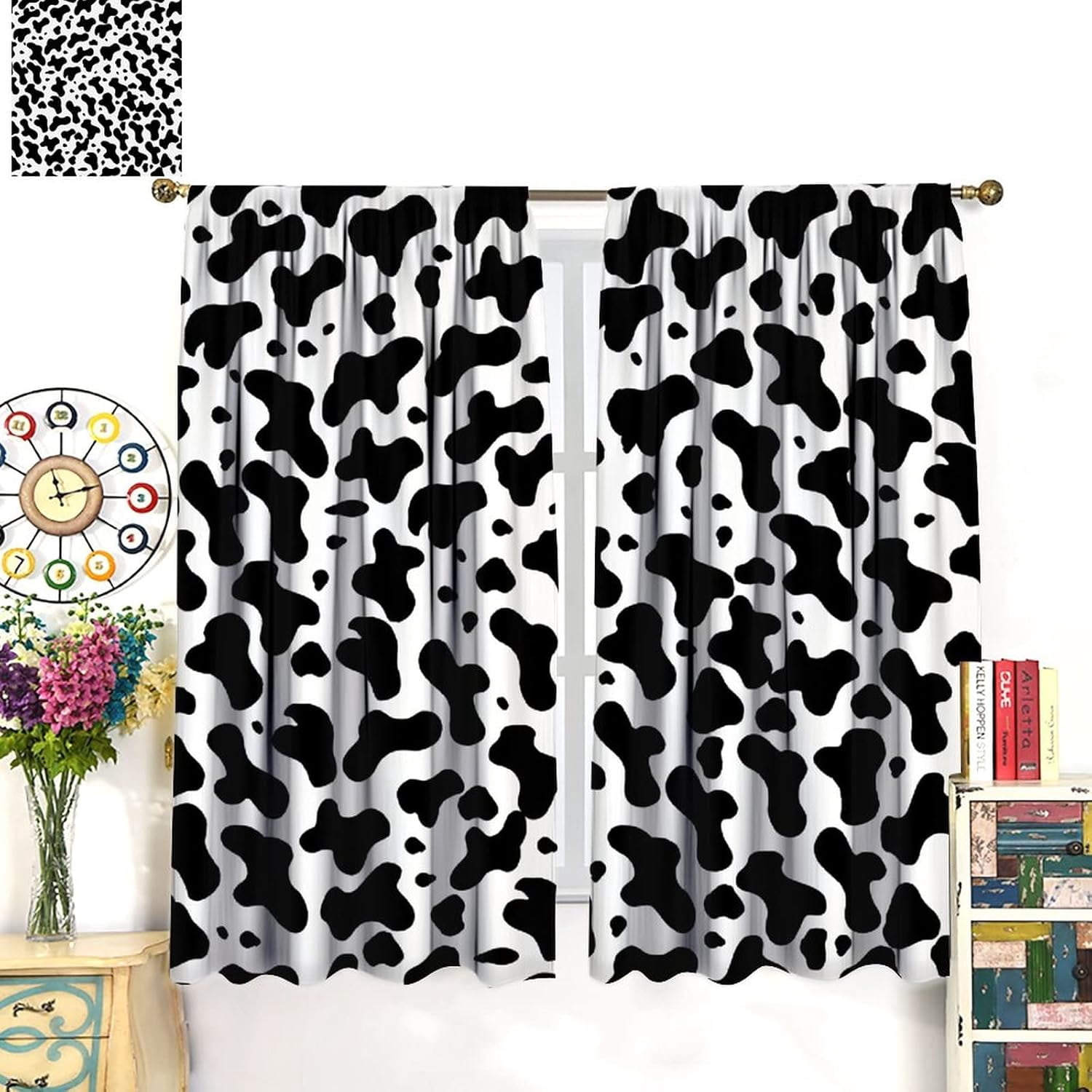Cow Print Curtains Rustic Farmhouse Animal Black and White Spots Pattern Blackout Print Rod Pocket Window Drapes for Bedroom Living Room 42x54in