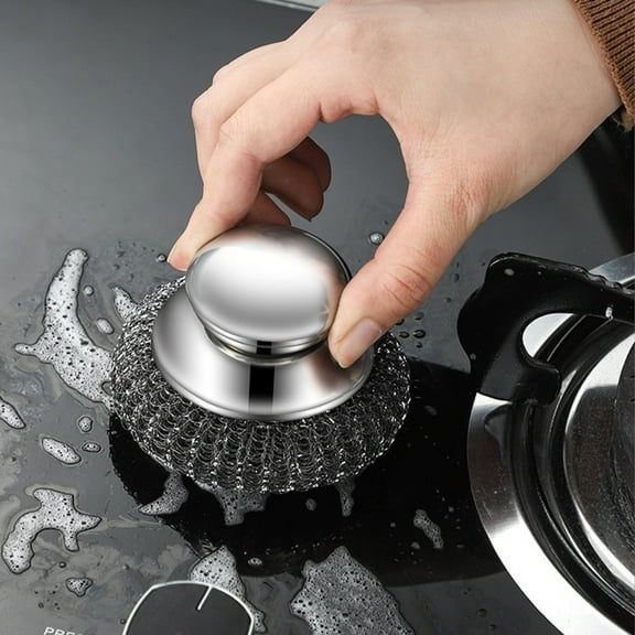 1 Pc Stainless Steel Wool Scrubber with Handle, 2025 Upgrade Cast Iron Detachable Metal Pads for Cleaning Dishes, Iron Pots, Stoves, Wash Sink, 3.3x2.3 Inch, Silver