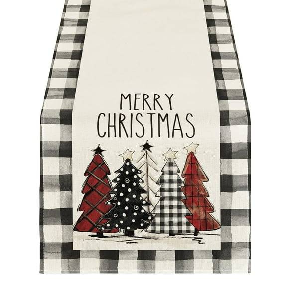 Piwvid Watercolor Plaid Christmas Trees Merry Xmas Table Runner, Seasonal Winter Holiday Kitchen Dining Table Decoration for Indoor Outdoor Home Party Decor 13 x 72 Inch 
