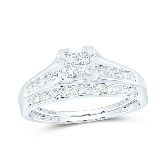 10K White Gold Princess Dia. Bridal Wedding Ring Band Set 1/2ctw, Women's Size: 5-10