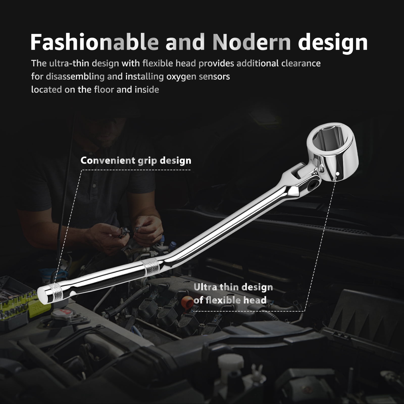 22mm O2 Oxygen Sensor Wrench Contour Handle Flexible Head Chrome Vanadium Steel Socket Tool (silver )
