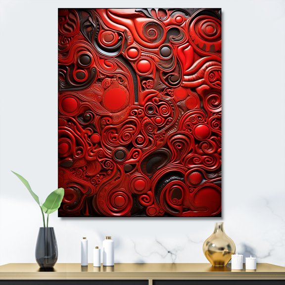 Designart "Ink Fusion of Geometric Red Tiles" Geometric Canvas Wall Art - Modern Black Abstract Tile Hallway Wall Art Decor
