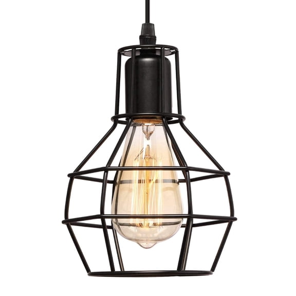EFAYCRR Farmhouse Pendant Light, Black Industrial Metal Wire Cage Hanging Light Fixture