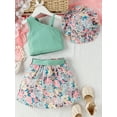thumbnail image 3 of Bagilaanoe 3Pcs Little Girls Summer Clothes Toddler Sleeveless Camisole Tops + Flower Skirt with Belt + Hat 4T 5T 6T 7T Kids Casual Skirt Set, 3 of 9
