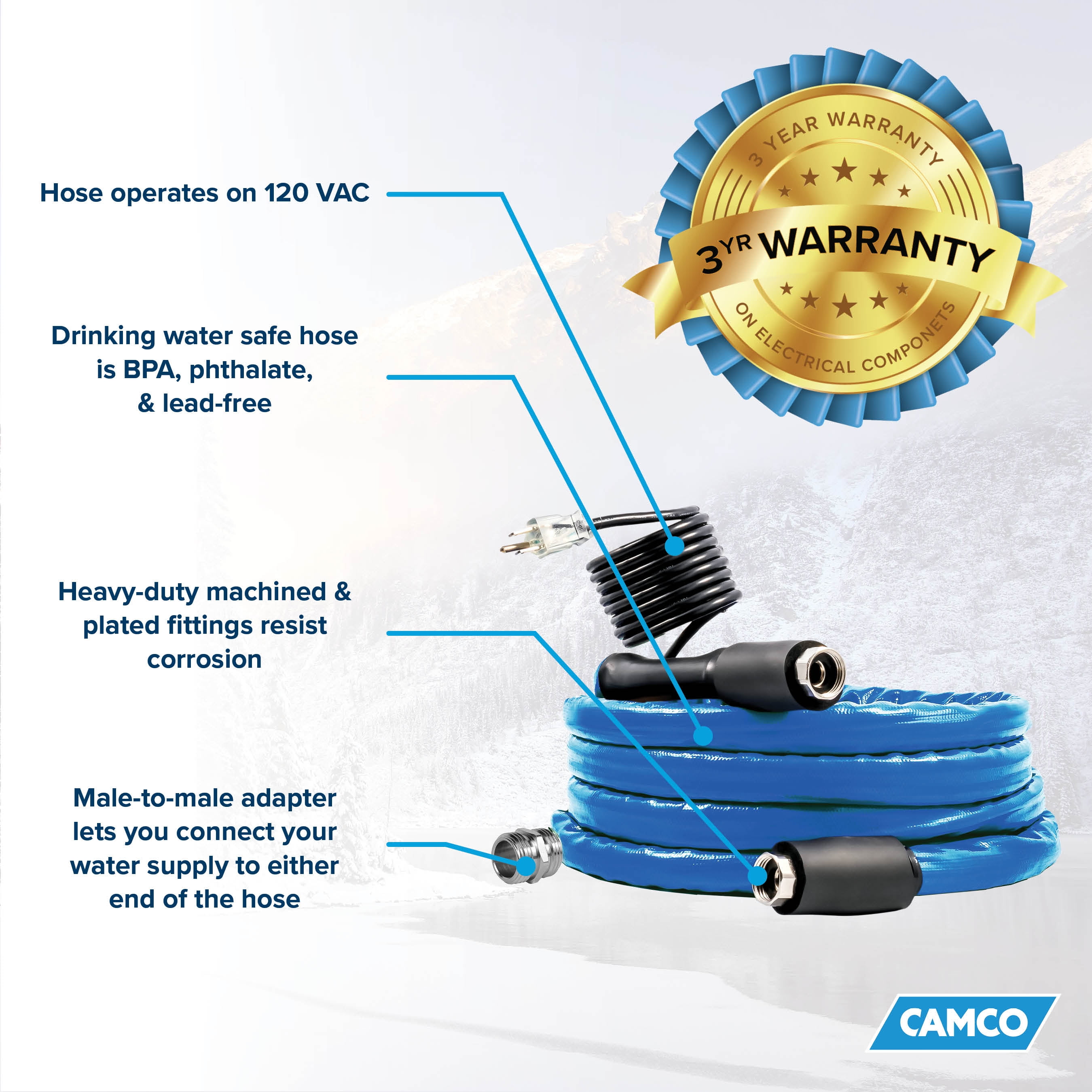 Camco 12-Foot Heated Water Hose for RV - Water Line Freeze Protection (22910)