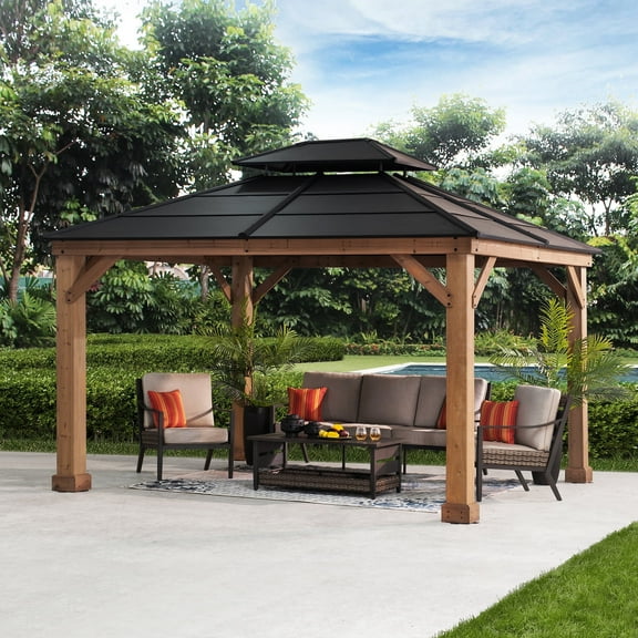 Sunjoy 11' X 13' Cedar Framed Wood Gazebo with Black Double Steel Hardtop Roof Permanent Canopy for Garden, Backyard Shade