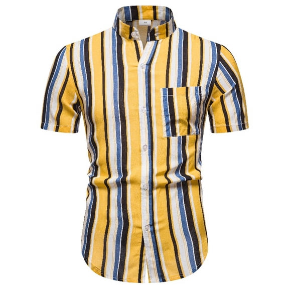 ZVNAΖH Mens Short Sleeve Button Down Shirts Casual Striped Ethnic Stand Up Shirts Hawaiian Beach Shirts Oversized Shirts, M-5XL