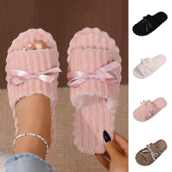 Slippers for Women Memory Foam House Womens Slipper Slides Home Bedroom Bathroom Spa Open Toe Corduroy Cute Bow Slippers Cozy Comfortable Pink
