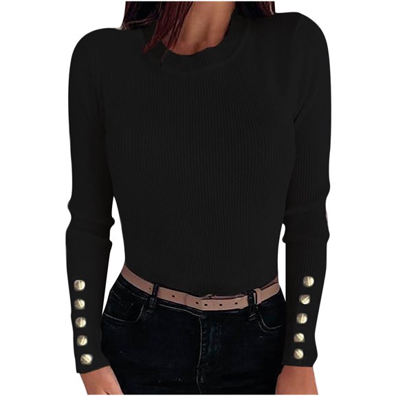 Sweaters for Women Oversized Sweaters Knitting Jumper Crewneck Long Sleeve Solid Color Fashion Loose Buttons Casual Knitted Top Fall Winter Pullover Sweater Black M
