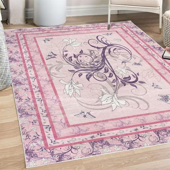 Spring Decorative Rug, Swirling Floral Look Design of Blossoming Flowers and Flying Butterflies, Quality Carpet for Bedroom Dorm and Living Room, 6 Sizes, Purple Pink Pale Rose, by Ambesonne