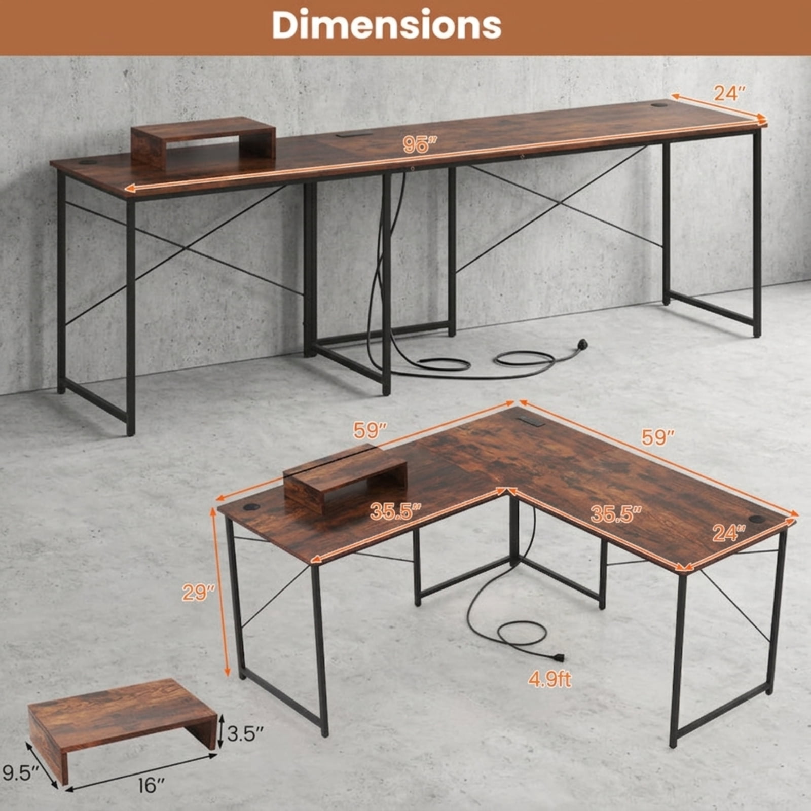 Furnibear 95 Inch 2-Person L-Shaped Reversible Computer Desk with Monitor Stand and Cable Holes for Home Office and Study, Rustic Brown