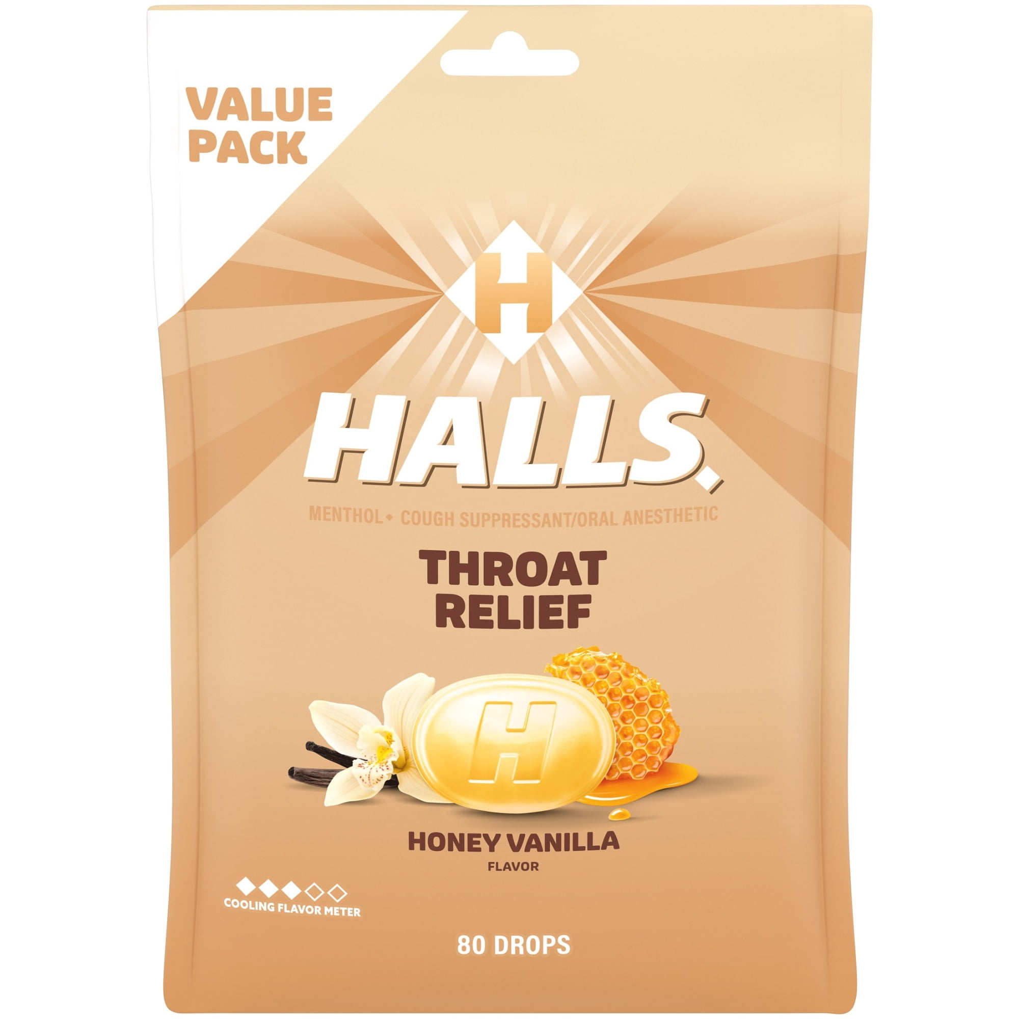 HALLS Throat Relief Honey Vanilla Cough Drops, FSA/HSA Eligible, Value Pack, 80 Drops