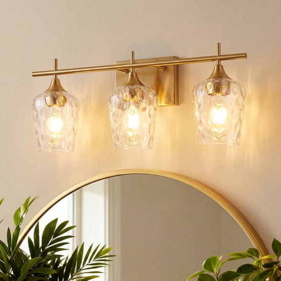 3-Light Gold Vanity Light, 20.87 Inch Bathroom Light Fixture with Hammered Glass Shadesm Modern Wall Sconce for Vanity, Powder Room & Bedroom