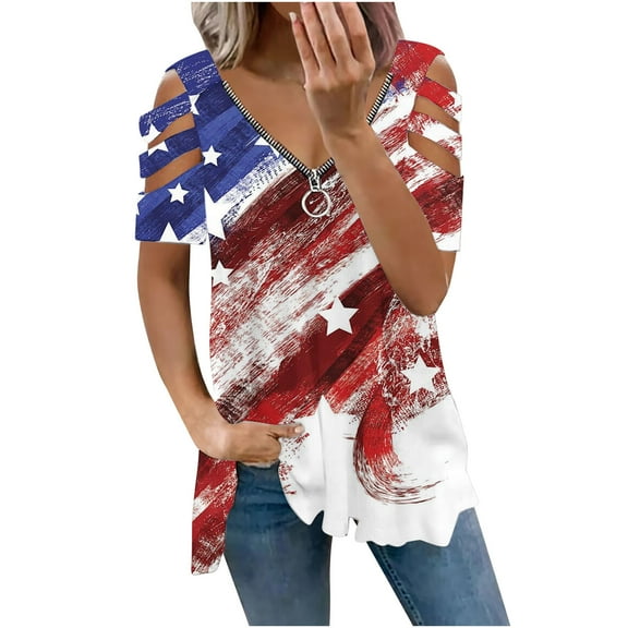 Tunic Tops for Women Strappy Cold Shoulder Zipper V Neck Flowy Blouses Summer Casual Graphic Tees Short Sleeve T Shirts