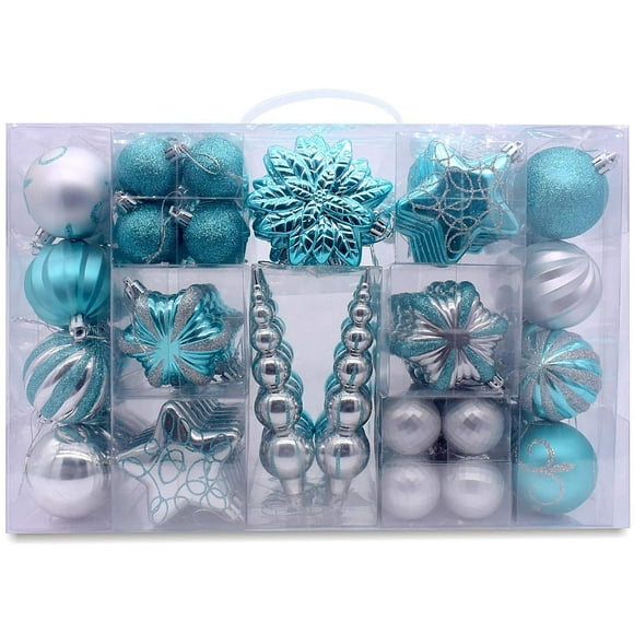 AUXO-FUN 73ct Assorted shatterproof Christmas Ornaments Luxury Collection Set in Reusable Hand-held Gift Package for Christmas Tree Decoration (Turquoise & Silver)