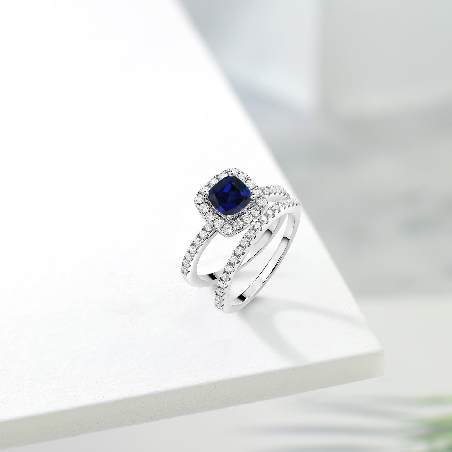 Gem Stone King 1.52 Cttw Blue Created Sapphire and Moissanite Wedding Engagement Ring Band Bridal Set for Women | 925 Sterling Silver | Cushion 6MM | Available in Size 5, 6, 7, 8, 9