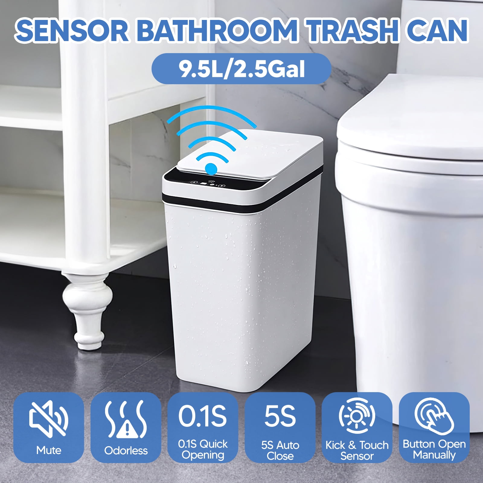Bathroom Trash Can,2 Pack 2.5 Gallon Trash Cans with Lid,Automatic Trash Can for Kitchen with Garbage Bags,Small Trash Bin for Bathroom,Office,Kitchen,Bedroom