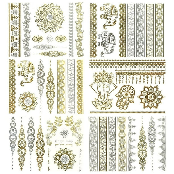 ALLYDREW 6 Sheets Gold & Silver Metallic Henna Tattoo Mandala, Boho, Mehndi Temporary Shimmer Jewelry Tattoo (Mandala, Elephant, Bracelets, Wrist Bands, Arm Bands ALLYDREW 6 Sheets Gold & Silver Metallic Henna Tattoo Mandala, Boho, Mehndi Temporary Shimmer Jewelry Tattoo (Mandala, Elephant, Bracelets, Wrist Bands, Arm Bands