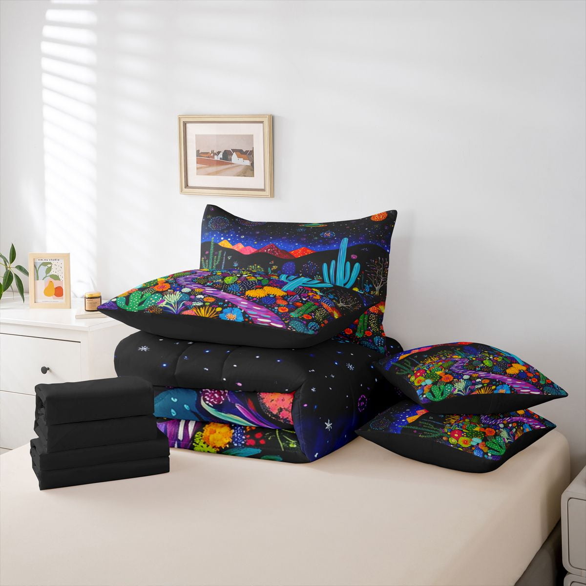 jejeloiu 3D Tropical Botanical 7 Pieces Bedding Comforter Set,Cactus Flowers Floral Full Bedding Set,Boho Exotic Style Fitted Sheet Flat Sheet For Men Women,Super Cozy Room Decor Reversible