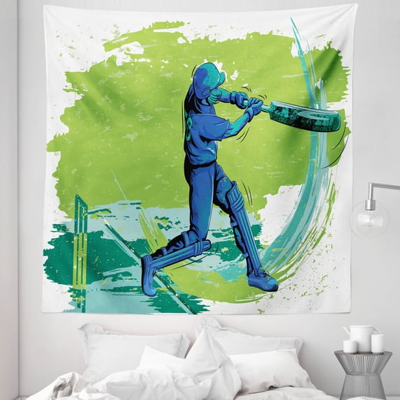 Sports Tapestry, Cricket Player Pitching Win Game Champion Team Paintbrush Effect, Fabric Wall Hanging Decor for Bedroom Living Room Dorm, 5 Sizes, Lime Green Turquoise, by Ambesonne