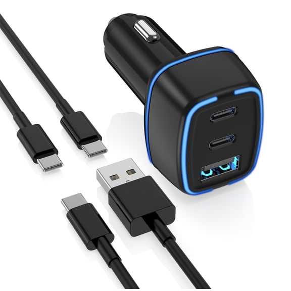USB C Car Charger,3 Port PD Super Mini Cigarette Lighter Adapter,USB-C & A Fast Car Charger with 2x USB C Cable Compatible for iPhone 16/15 Pro Max,Galaxy S25/S24,iPad,Pixel, Android Phones