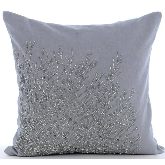 Pillow Covers, Grey Shams, Beaded Garden Shrub Pillow Shams, 24x24 inch (60x60 cm) Pillow Shams, Square Cotton Linen Pillow Shams, Contemporary Pillow Shams, Floral - Silver Shrub