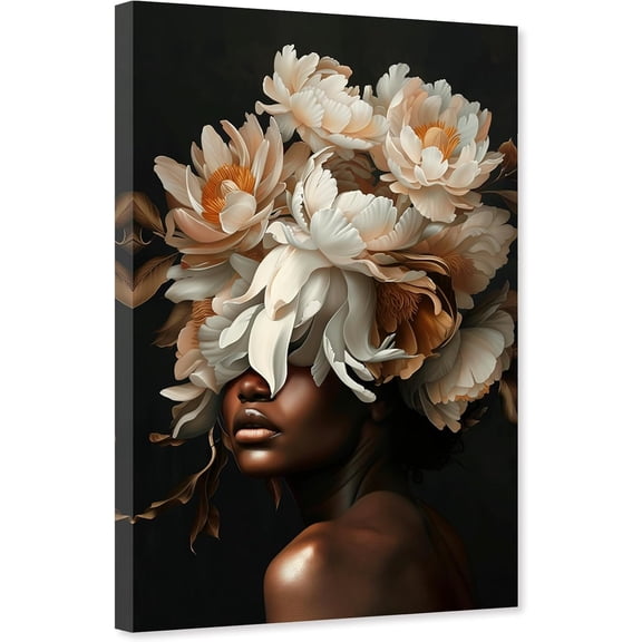 ZHONGYUTONG African American Canvas Black Woman Wall Art Flower Head Pictures Abstract Black Girl Painting for Bedroom Decor Framed (12.00" x 18.00")