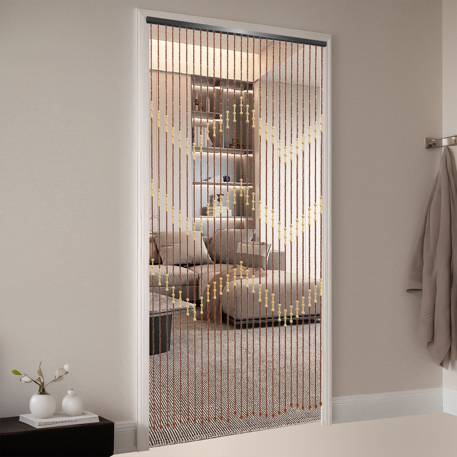 Retro Wooden Bead Curtain Bamboo String Door Curtains with Solid Crossbar Door-mounted Foldable Beaded Fit for Doorway in Living room Balcony Bedroom Coffee Shop Caravans