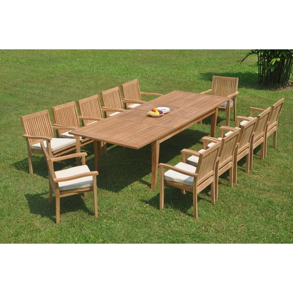 Grade-A Teak Dining Set: 12 Seater 13 Pc: 122" Atnas Double Extension Rectangle Table And 12 Leveb Stacking Arm Chairs Patio WholesaleTeak #WMDSWVm