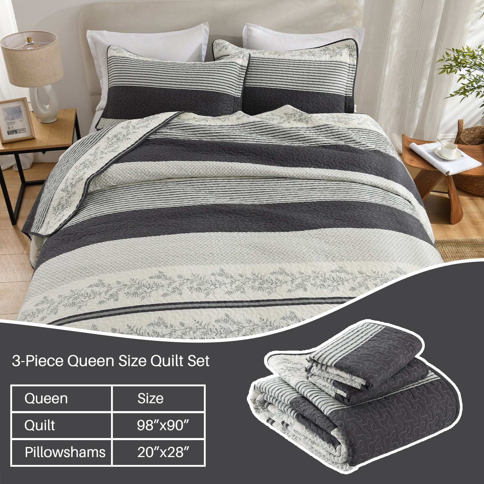 Bedduvit White Gray Floral Striped Quilt Queen, 100% Organic Cotton Queen Size Quilted Bedspread Set with 2 Shams, Botanical Vintage Lightweight Reversible 3-Piece Coverlet Bedding Set, 98"x90"