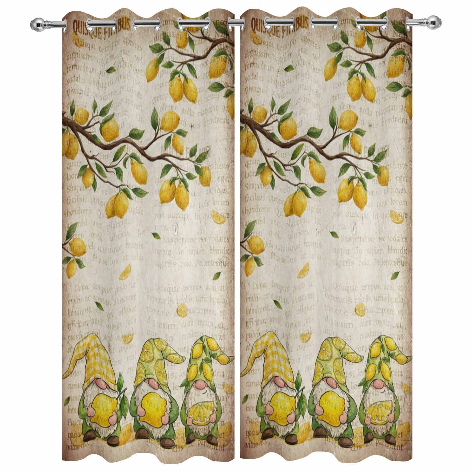 Outdoor Curtains for Patio Waterproof, Lemon Gnomes Windproof Pravicy Outside Porch Blackout Curtain, Summer Vintage Tropical Lemon Fruits Sun Blocking Grommets Curtains for Cabana 2 Panels 54"x108"