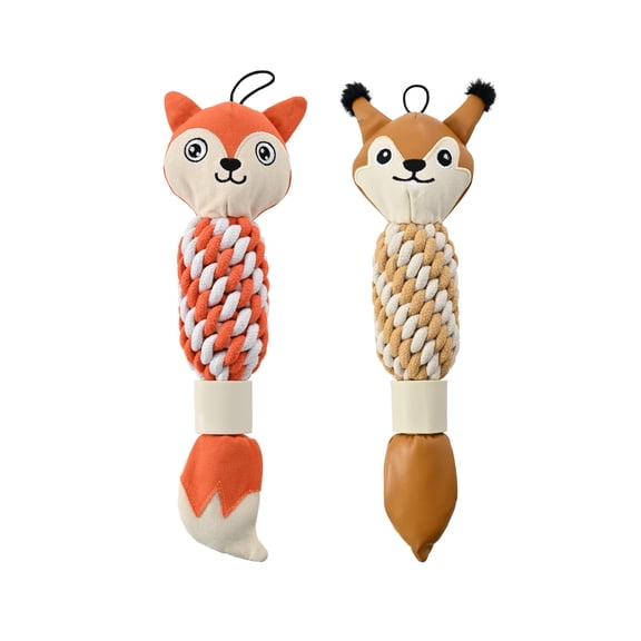 Max & Marlow Dog Chew Toys, Cotton Rope Fox Toys with Built-in Large Squeaker and Nylon Bone, 2 Pack