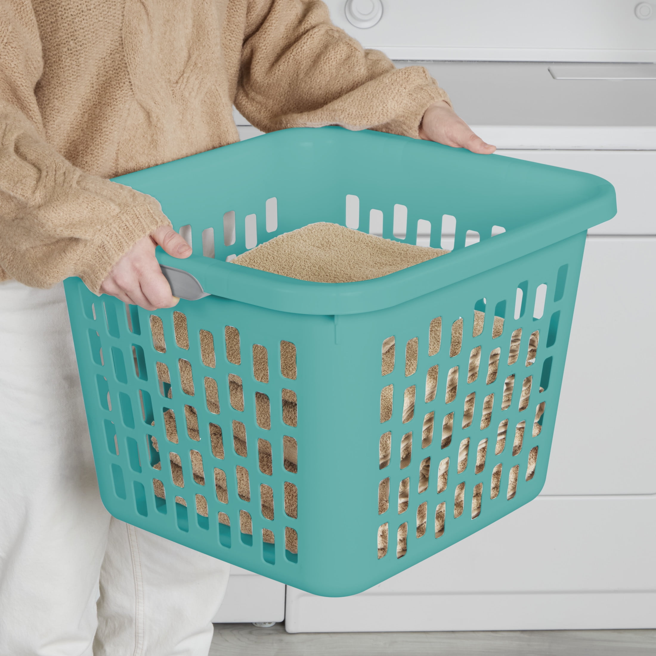 Sterilite 1.5 Bushel Square Laundry Basket, Plastic Laundry Basket with 2 Comfort Grip Handles, Teal