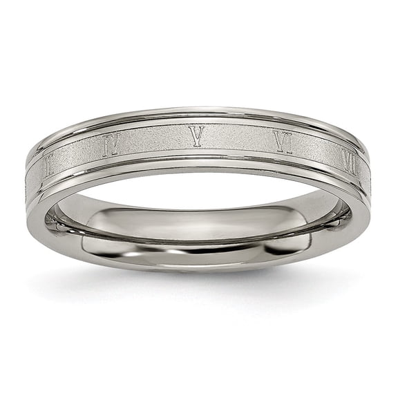 Grey Titanium Ring Band Wedding 4mm Brushed and Polished Roman Numerals
