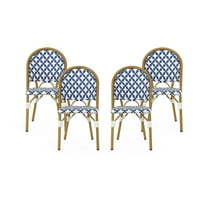 GDF Studio Jordy Outdoor French Bistro Wicker and Aluminum Dining Chairs, Set of 4, Blue, White, and Bamboo Print Finish