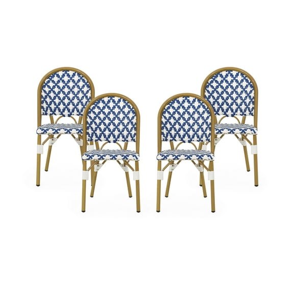 GDF Studio Jordy Outdoor French Bistro Wicker and Aluminum Dining Chairs, Set of 4, Blue, White, and Bamboo Print Finish