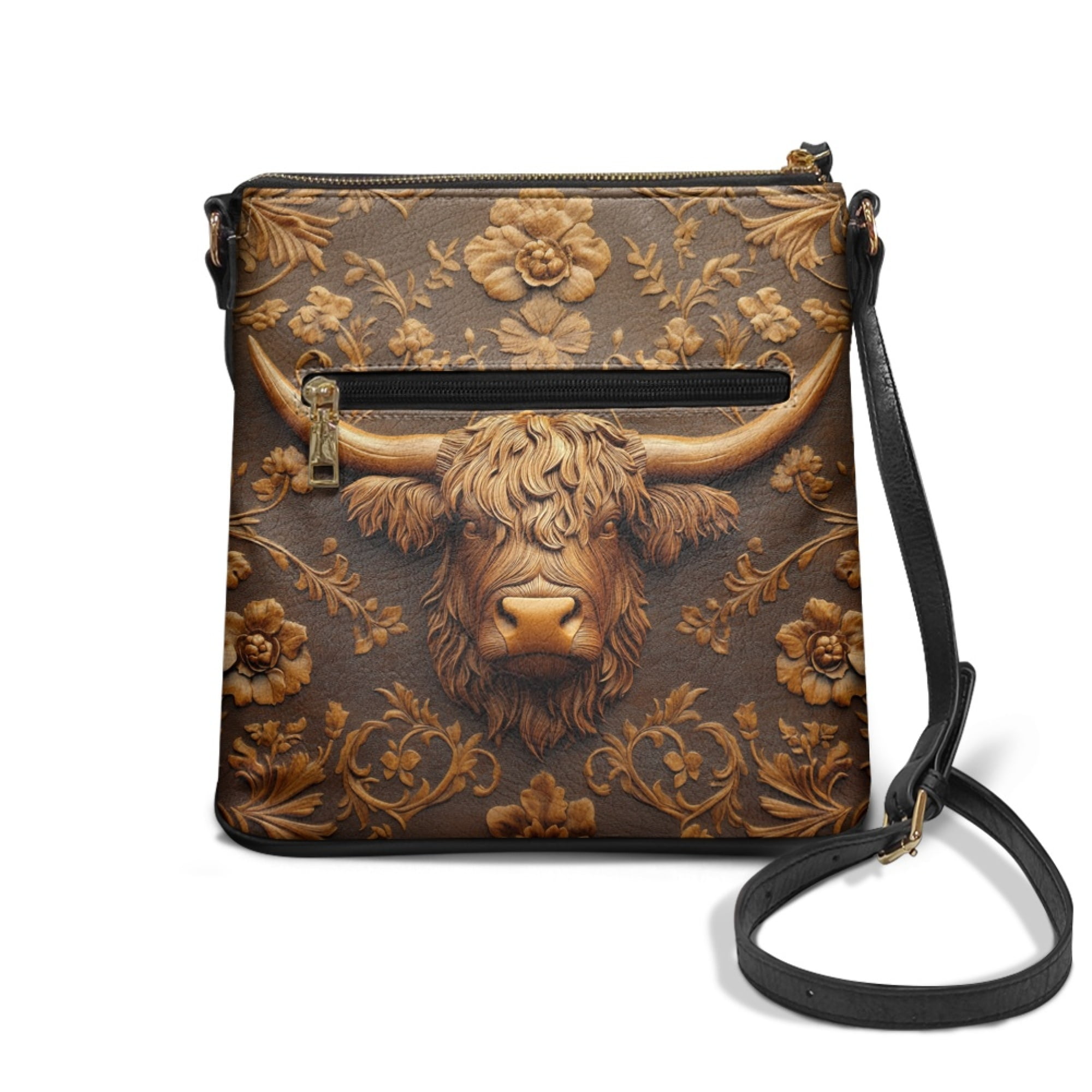 Kuiaobaty Highland Cow Flower Print Crossbody Bag for Women Trendy, Vintage Vegan Leather Shoulder Purse, Lightweight Zipper Crossbody Handbag with Adjustable Shoulder Strap for Travel