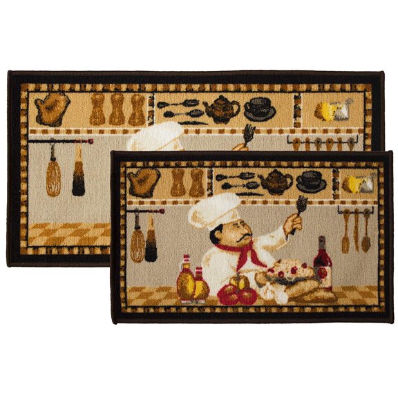 Kashi Home Kitchen Rug, Printed Area Rug, Durable Floor, Door Mat, Farmhouse Non-Slip Carpet Latex Backing Beautiful Design Wine Chef 2pc Set (18X30 Rectangle & 20X40)
