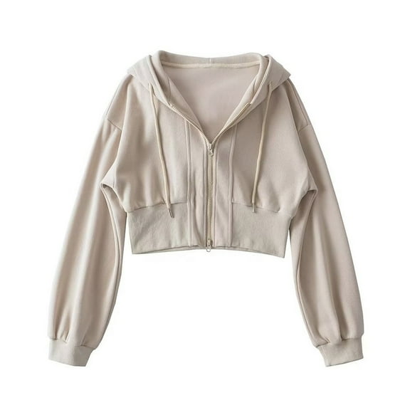 FNFHFY Cropped Hoodies for Women Drawstring V Neck Pullover Sweatshirts Long Sleeve Zip Up Crop Hoodie Solid Casual Fall Sweatshirt with Hood