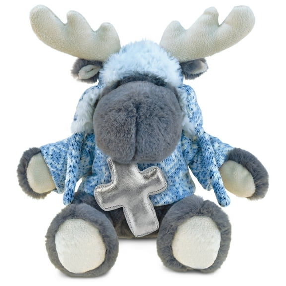 DolliBu Grey Moose with Clothes Stuffed Animal with Silver Cross Plush - Religious Baby Baptism Gifts for Boys and Girls, Dedication Christening Gifts Plush Prayer Toy Healing Teddy Bear - 12 Inches