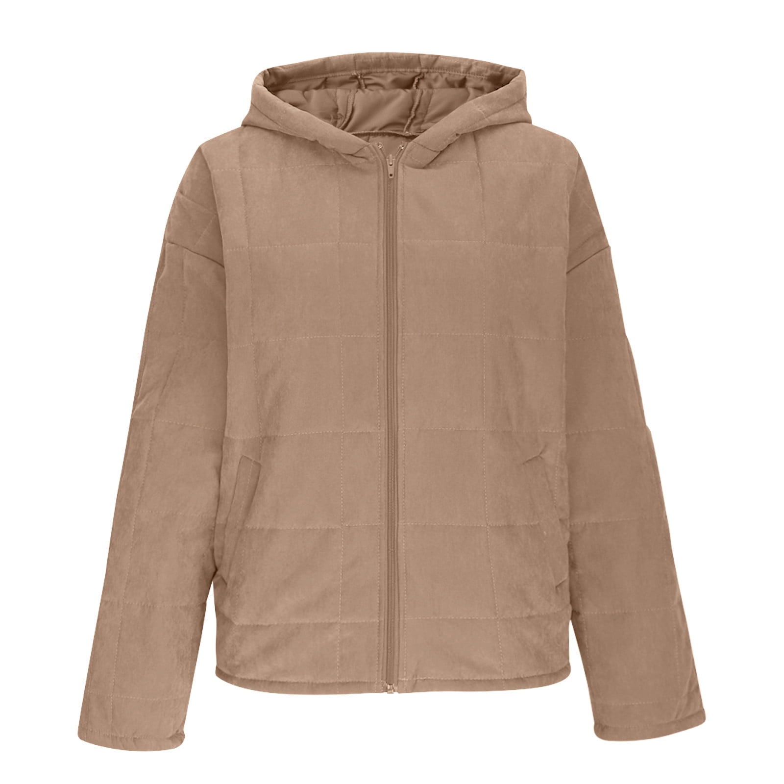 Womens Hooded Quilted Jacket with Pockets Cotton Puffer Winter Coat Full Zip Loose Long Sleeve Warm Outerwear (L, Khaki)