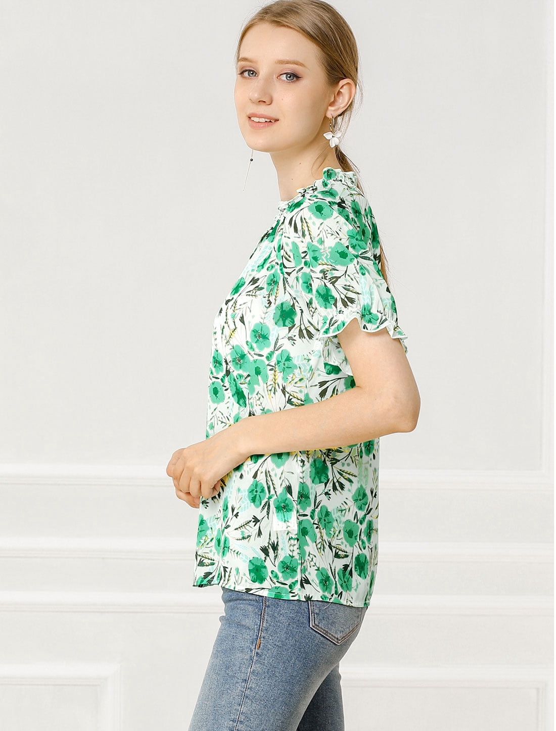 DARING DIVA Women's Floral Ruffled Neck Short Sleeves Top Blouse XS Green