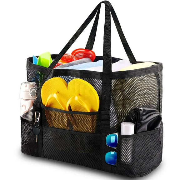 Mesh Beach Bag - 16.5x8.5x15 W/8 Pockets -Large Beach Tote Bag for Family,Foldable Beach Bag for Toys & Vacation Essential