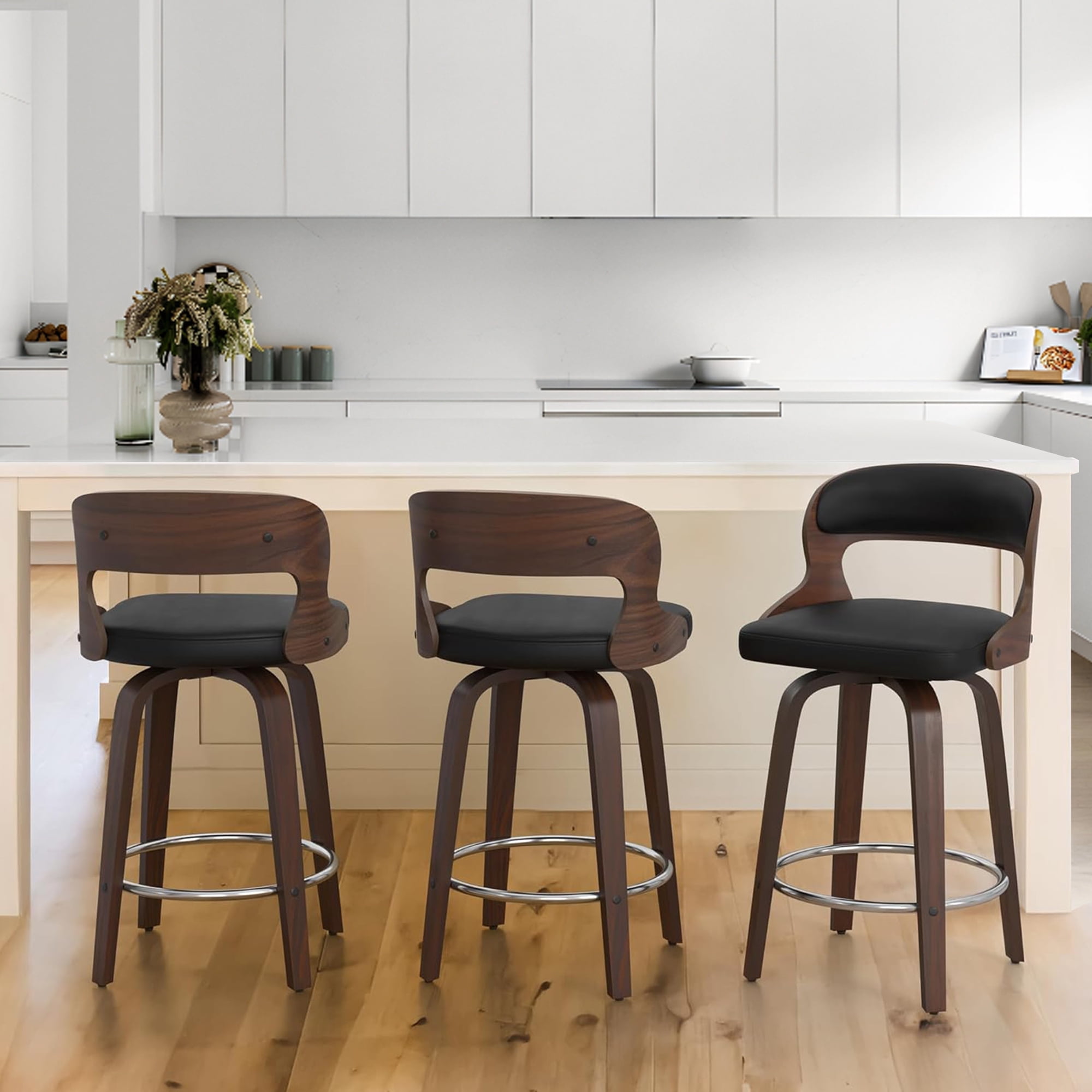 FANCROU 26 inch Swivel Counter Height Bar Stools Set Of 4, PU Leather Seat With Bentwood Back And Legs, Black