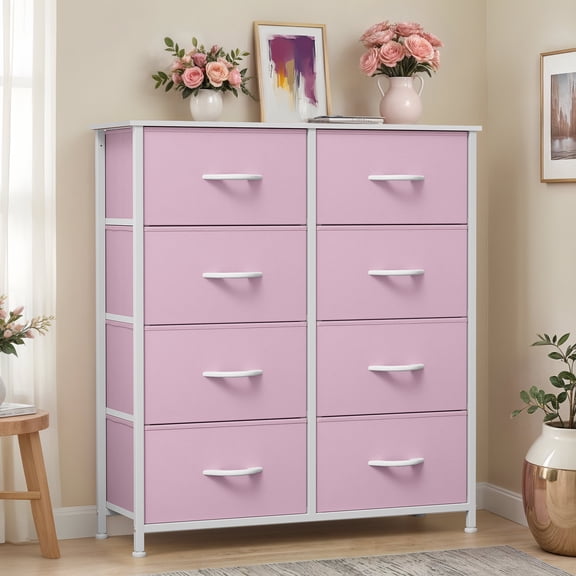 ModFusion Storage Organizer with 8-Easy Pull Fabric and Wood Drawers, Dresser Cabinet – Pink