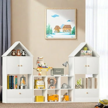 MIDOQIN Kids Bookshelf with Reading Nook, Wooden Kids Bookcase with Detachable Cushions, Toy Storage Organizer Toddlers Playhouse Cabinet Shelf